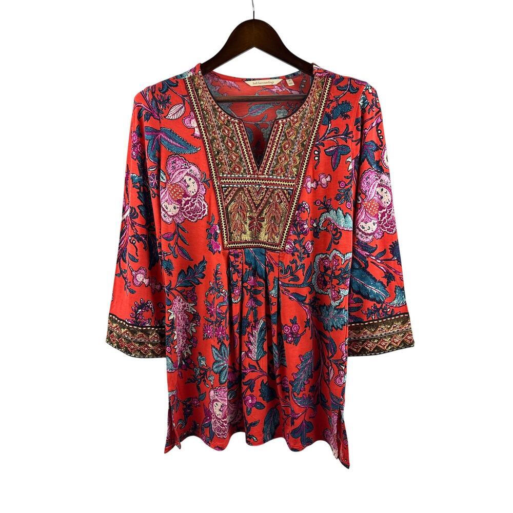 Women’s Soft Surroundings Orange Floral Patterned Blouse w/ Woven Embroidery